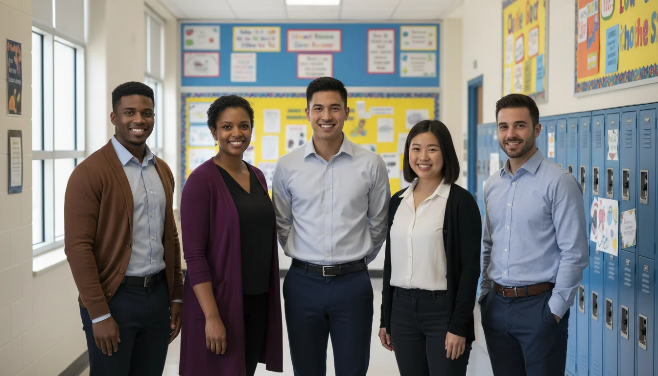 Diverse team of school counselors and social workers in a school hallway