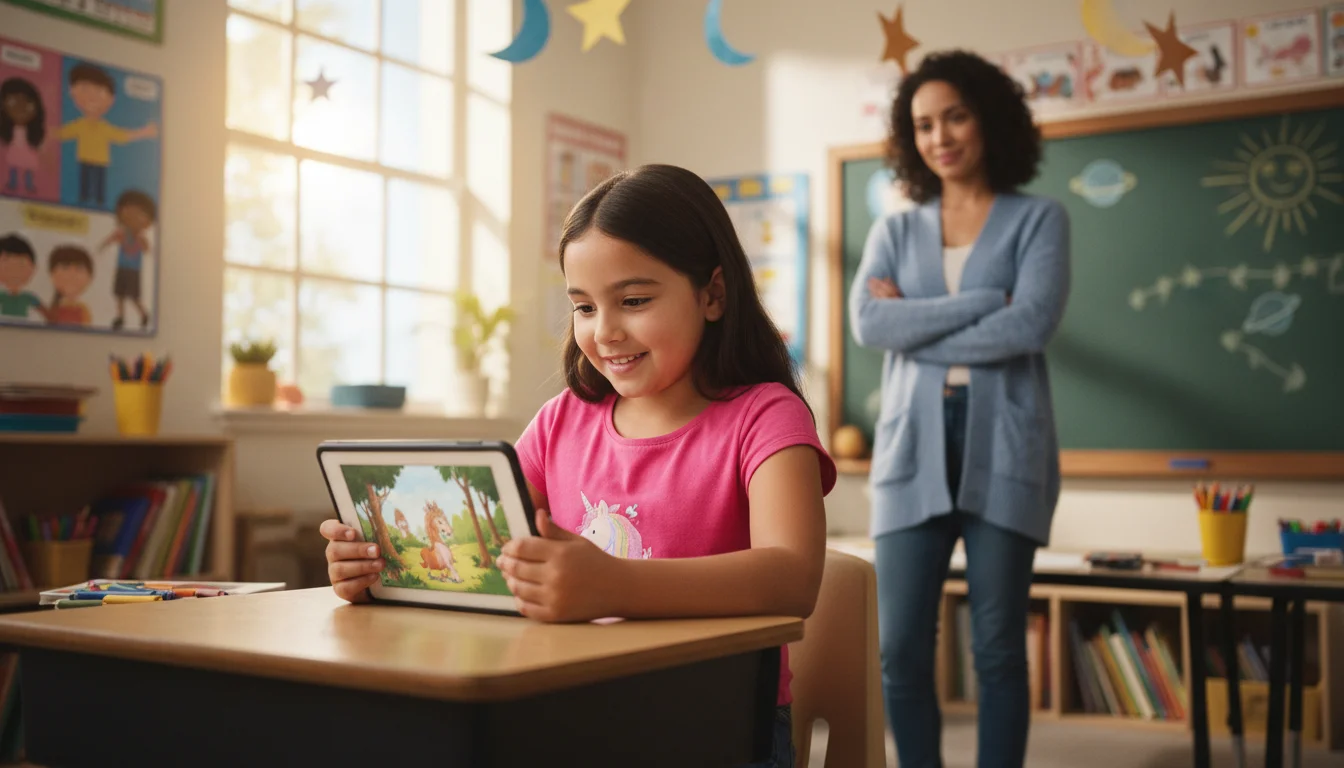 Student reading a personalized story on a tablet