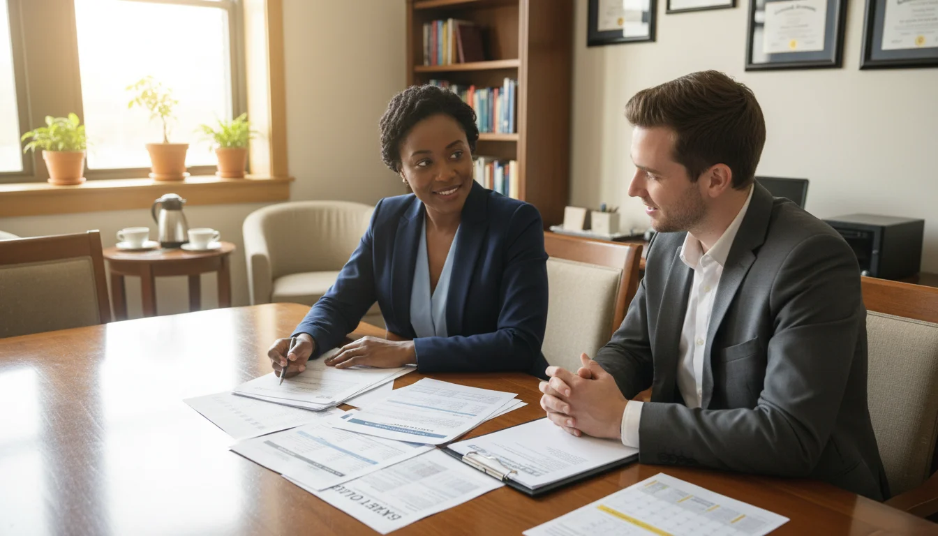 School administrator and counselor reviewing funding documents together