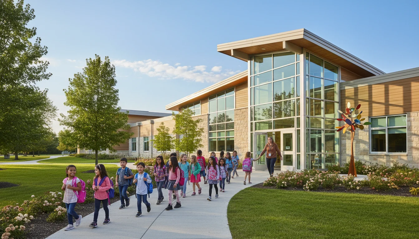 Wisconsin elementary school with students arriving on a bright morning