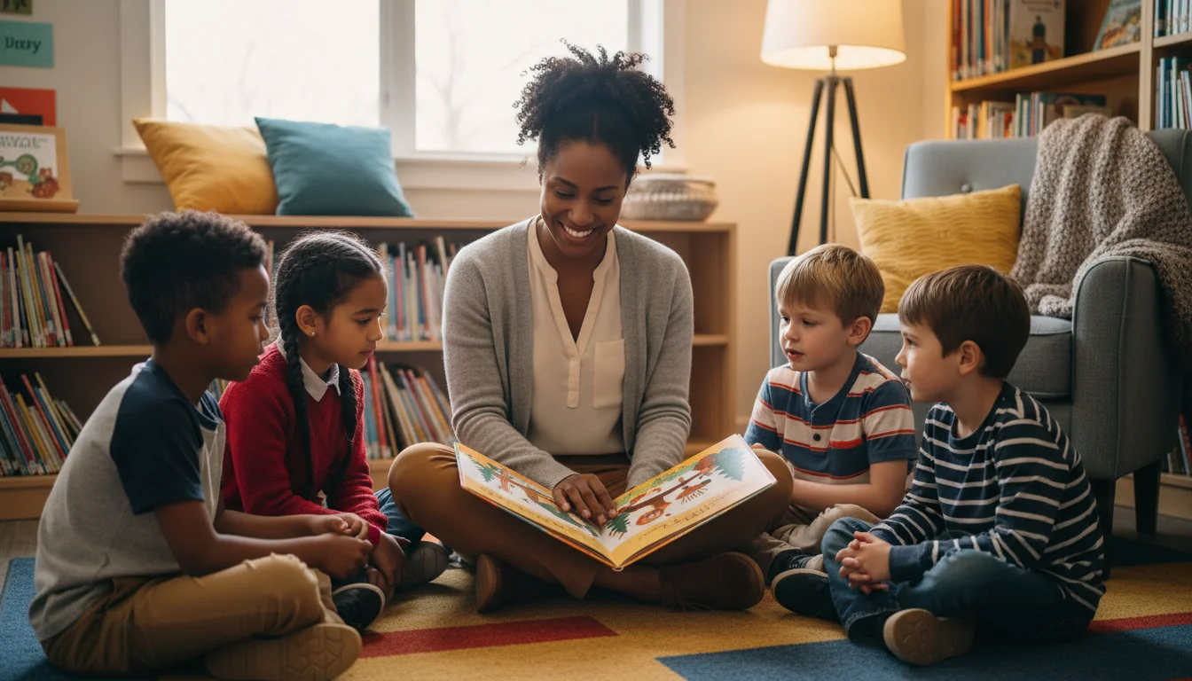School counselor reading a therapeutic storybook with diverse elementary students in a cozy library setting