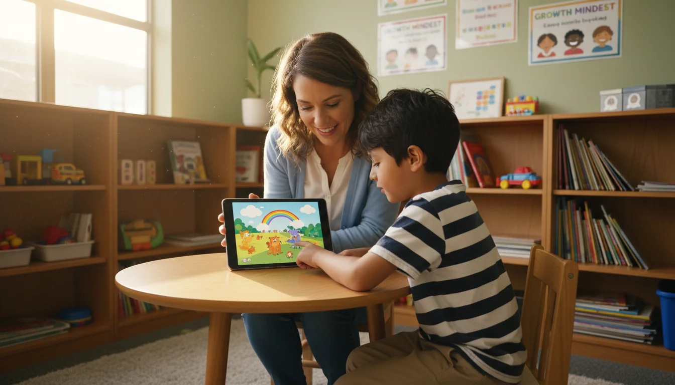 School social worker and student looking at a personalized story on a tablet together