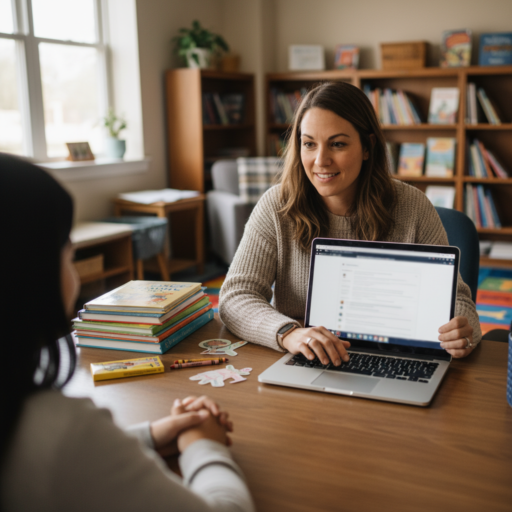 Counselor preparing a student resource in a private professional setting