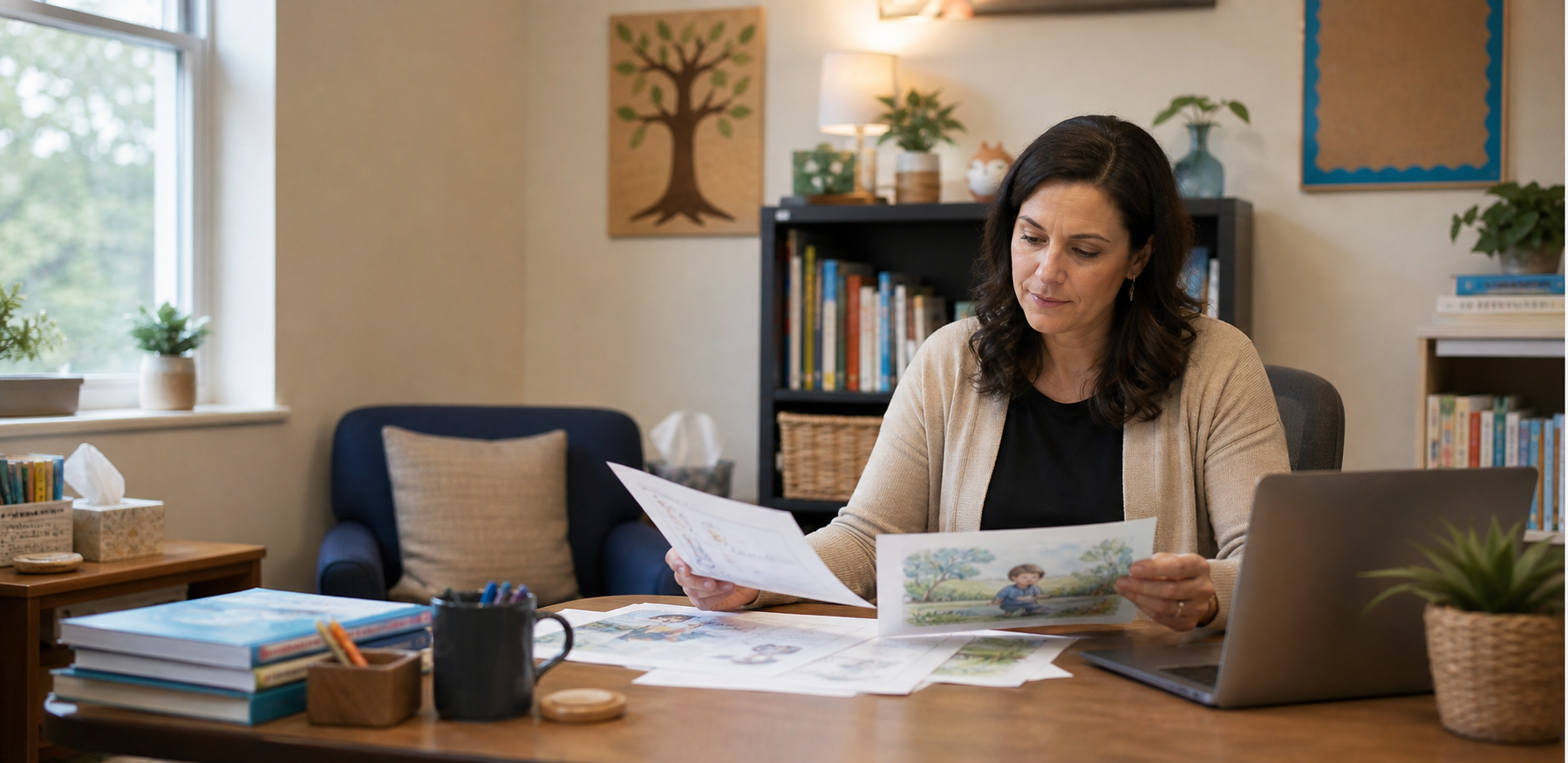 School counselor preparing a student story in a private professional setting